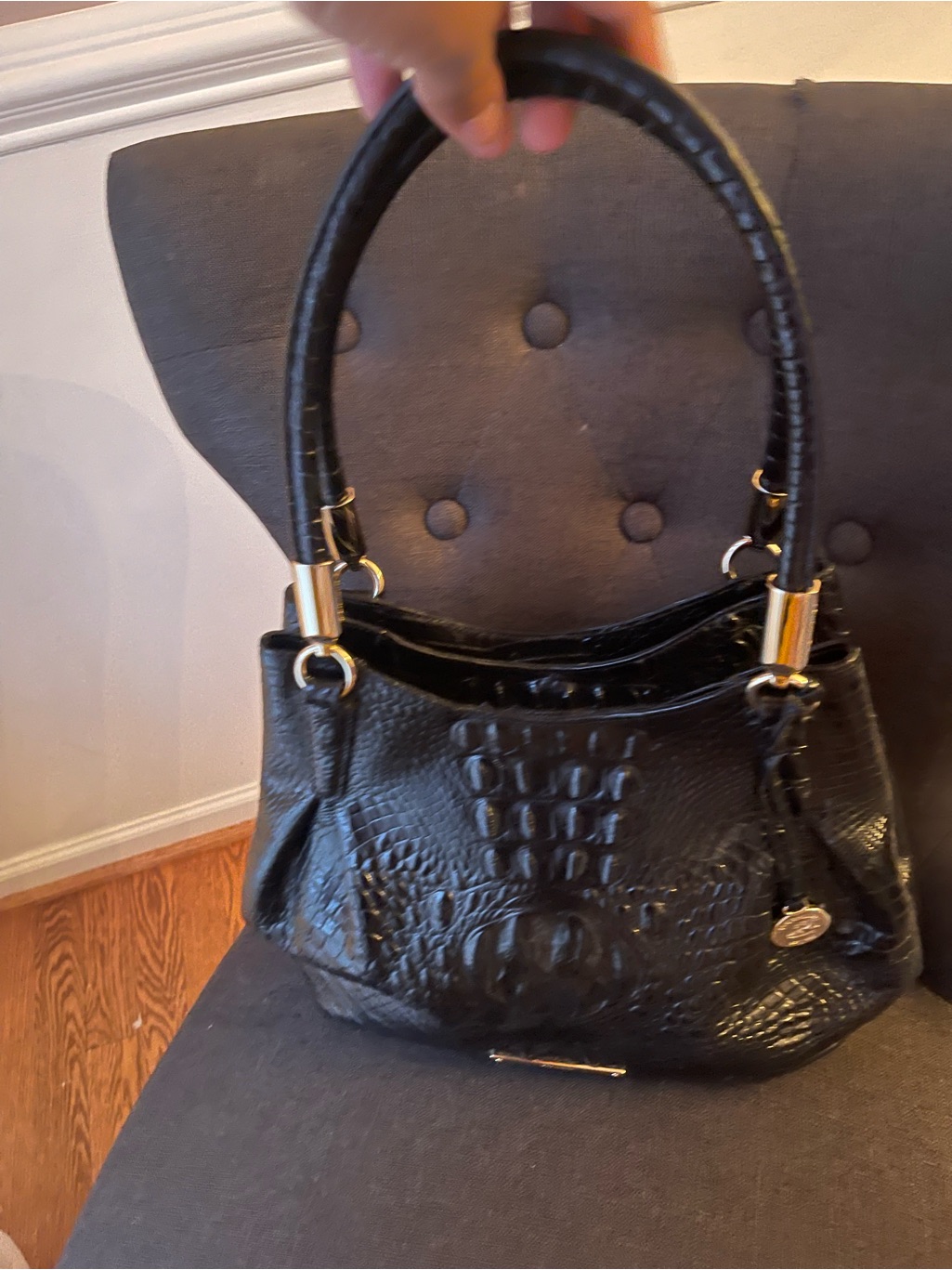 Brahmin Black Croc-Embossed Shoulder Bag With Gold Hardware